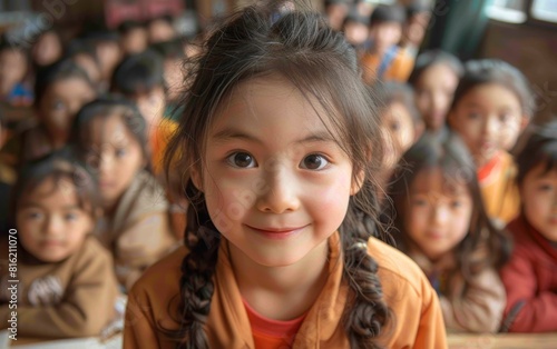 A young girl is standing in front of a group of children, interacting with them