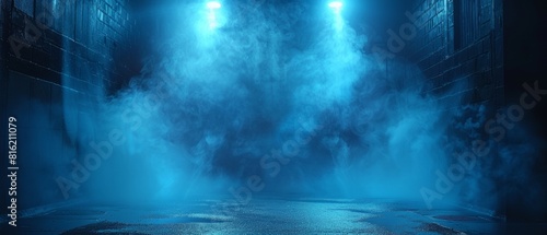 Dark blue misty background. Smoky  foggy  blue spotlights  neon lighting in a dark abstract space.