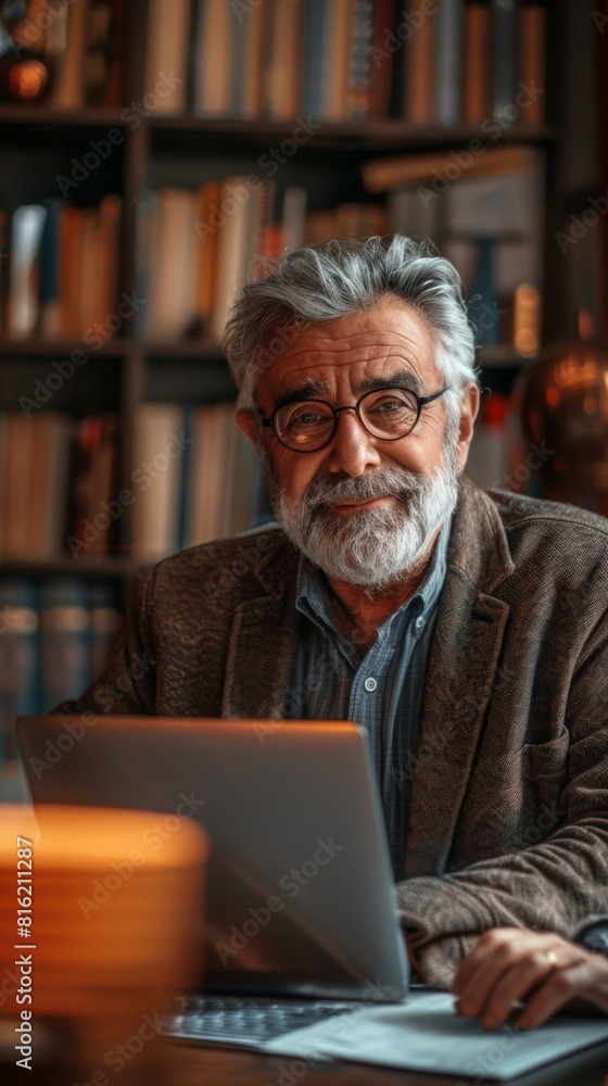 An elderly man sitting at a table, focused on his laptop screen An elderly man sitting at a table, focused on his laptop screen