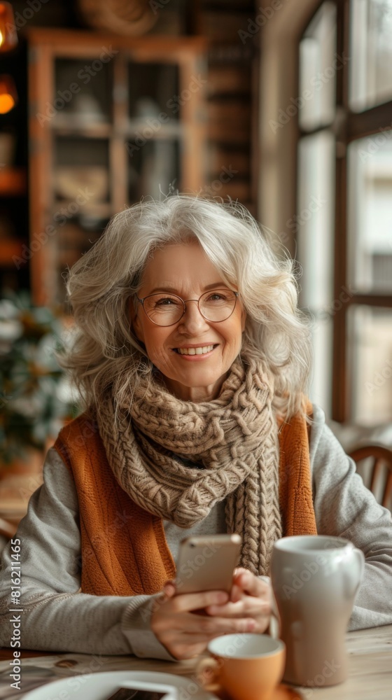 An older woman enjoys a cup of coffee while sitting at a table An older woman enjoys a cup of coffee while sitting at a table