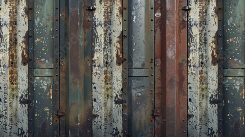 A detailed montage of various aged metal surfaces and weathered bricks, each panel displaying unique corrosion, paint, and texture patterns.