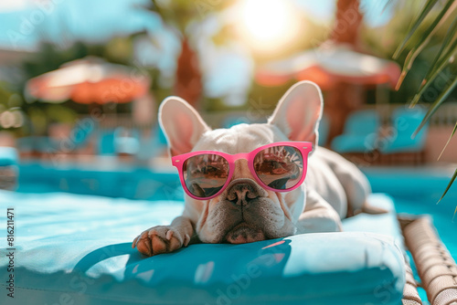 Cute white french bulldog wearing pink glasses and lying on a sun bed near the pool with blue water.