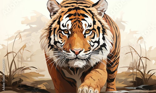 Tiger flat design top view endangered species awareness theme cartoon drawing Monochromatic Color Scheme