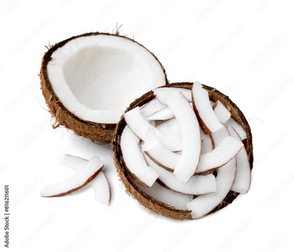 Pieces of fresh coconut isolated on white Pieces of fresh coconut isolated on white