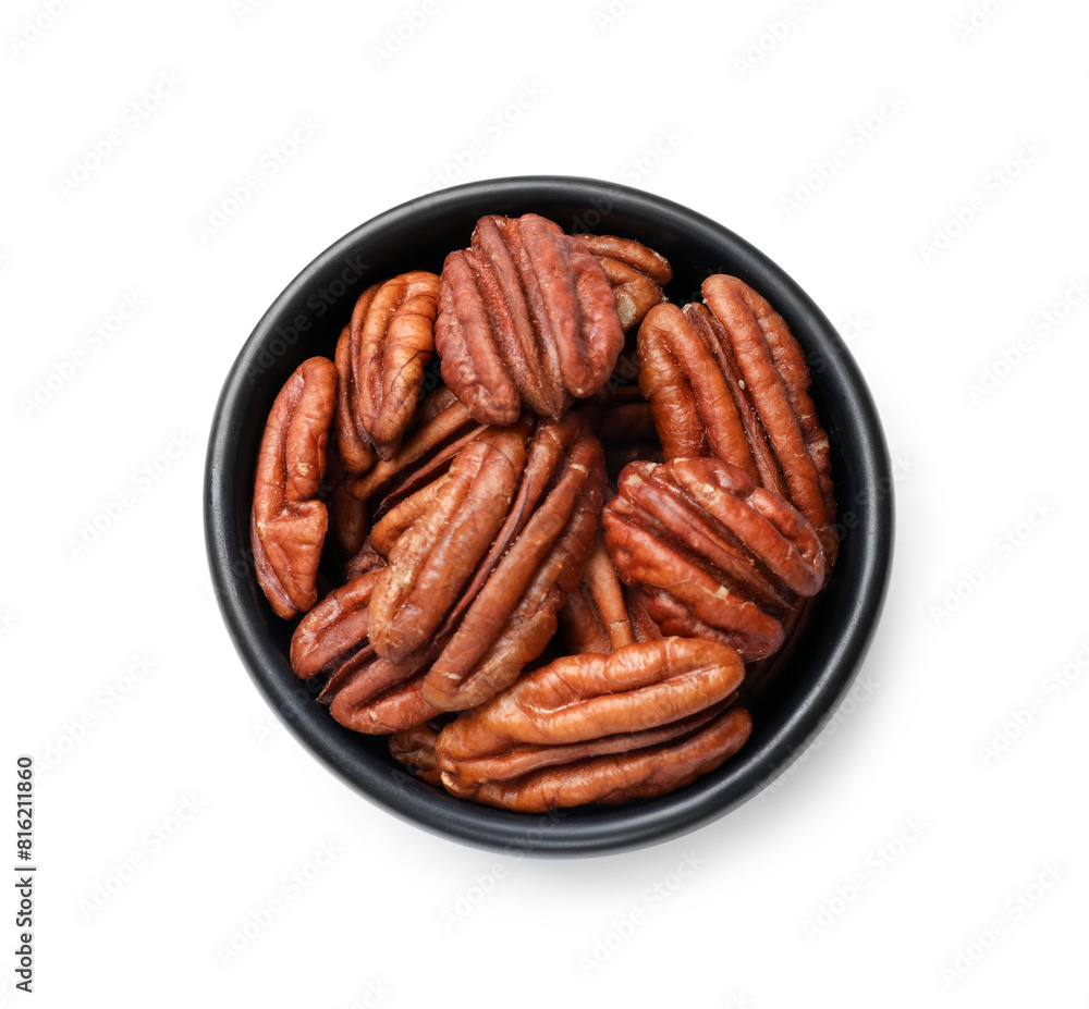 Many tasty pecan nuts isolated on white, top view Many tasty pecan nuts isolated on white, top view