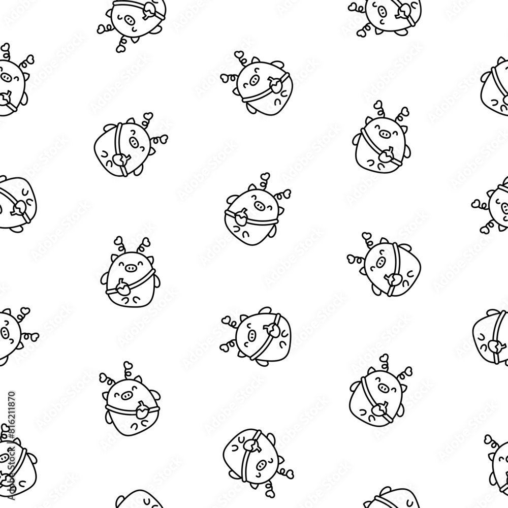 Obraz premium Cute kawaii little pig. Seamless pattern. Coloring Page. Smiling nice cartoon animal character. Hand drawn style. Vector drawing. Design ornaments.