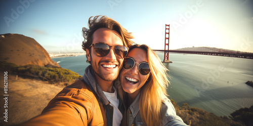   Feliz pareja de jóvenes turistas tomando fotos selfie para su blog de viajes en el horizonte de Lisboa. Viajes y aventuras alrededor del mundo en Portugal.
