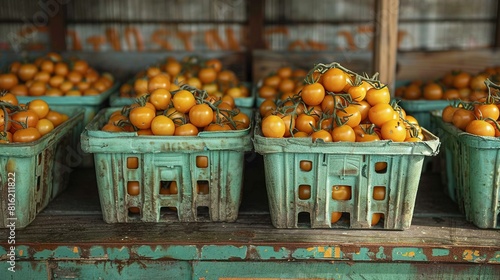   Oranges in multiple baskets on wooden table