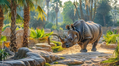 A rhino is walking through a forest photo
