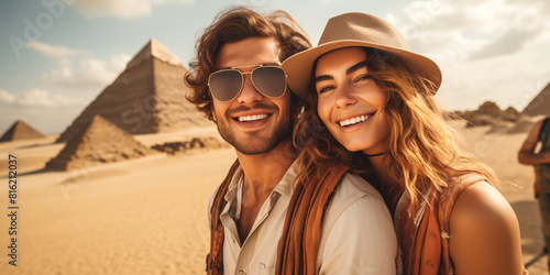 Feliz pareja joven turistas tomando fotos selfie para su blog de viajes en Egipto y pirámides. Viajes y aventuras por el mundo. 