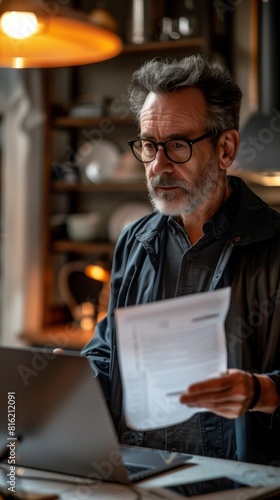 A man is focused on analyzing a document displayed on his laptop screen