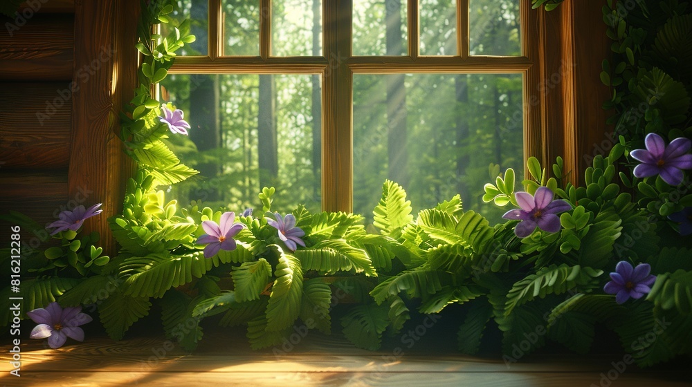 A window displays a stunning view of a dense green forest with vibrant purple flowers in the foreground and a backdrop of lush green foliage A window displays a stunning view of a dense green forest with vibrant purple flowers in the foreground and a backdrop of lush green foliage