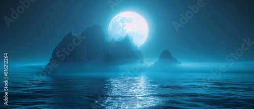 This 3D image depicts a futuristic night landscape with abstract landscapes and islands with moonlight and shine. This is a dark natural scene with reflections of light in the water.