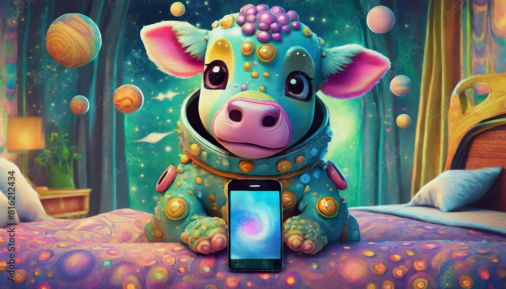 Fototapeta premium oil painting style Baby cow Astronaut Exploring Cosmic Galaxy with Smartphone in Bedroom