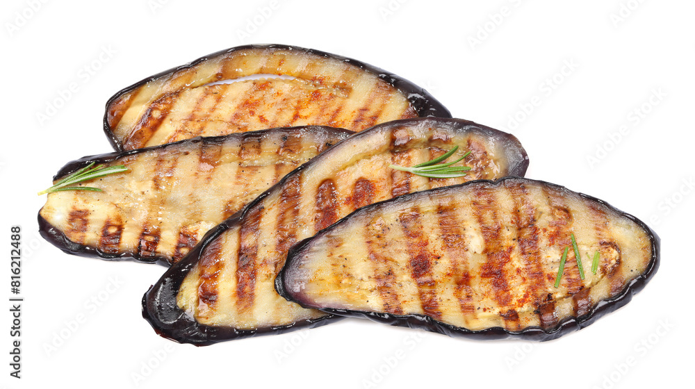 Slices of tasty grilled eggplant and rosemary isolated on white