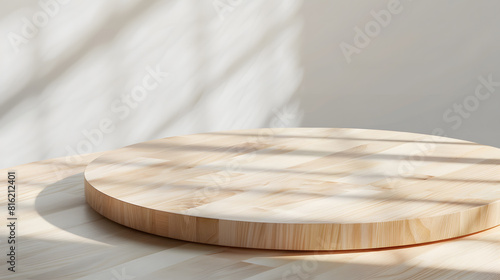 Empty beautiful round wood table top counter on interior in clean and bright with shadow background Readywhite background for product montage : Generative AI
