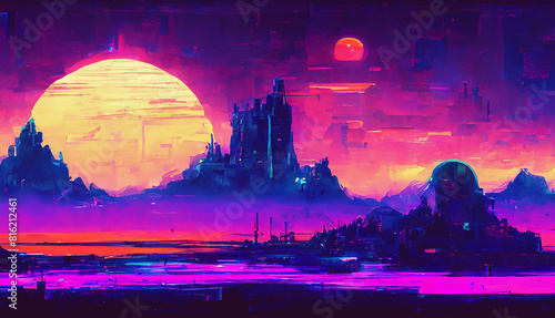 Vivid neon colorful fantasy retro landscape with forest and mountains  wide banner background  Night and sunset neon colors  cyberpunk vintage illustration.