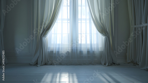Backlit window with white curtains in empty room   Generative AI