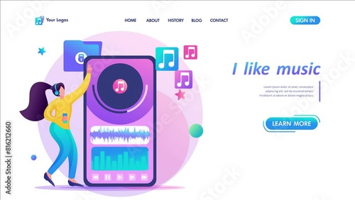 Young teen girl listening to your favorite music through the mobile app. Flat 2D character. Landing page concepts and web design