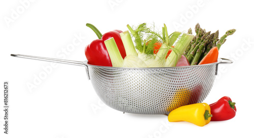 Metal colander with different vegetables isolated on white