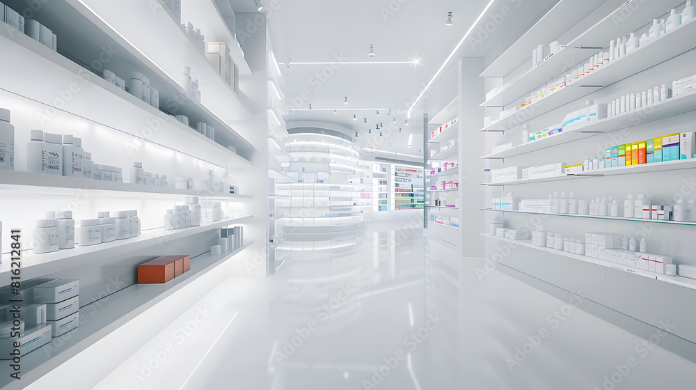 Spacious modern new white drugstore pharmacy chemists store with shelves full of medicines pills vitamins painkillers antibiotics without visitors : Generative AI