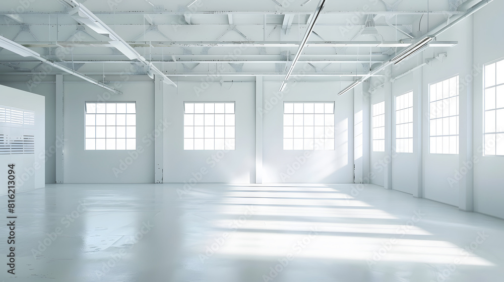 An empty white garage with windows : Generative AI An empty white garage with windows : Generative AI