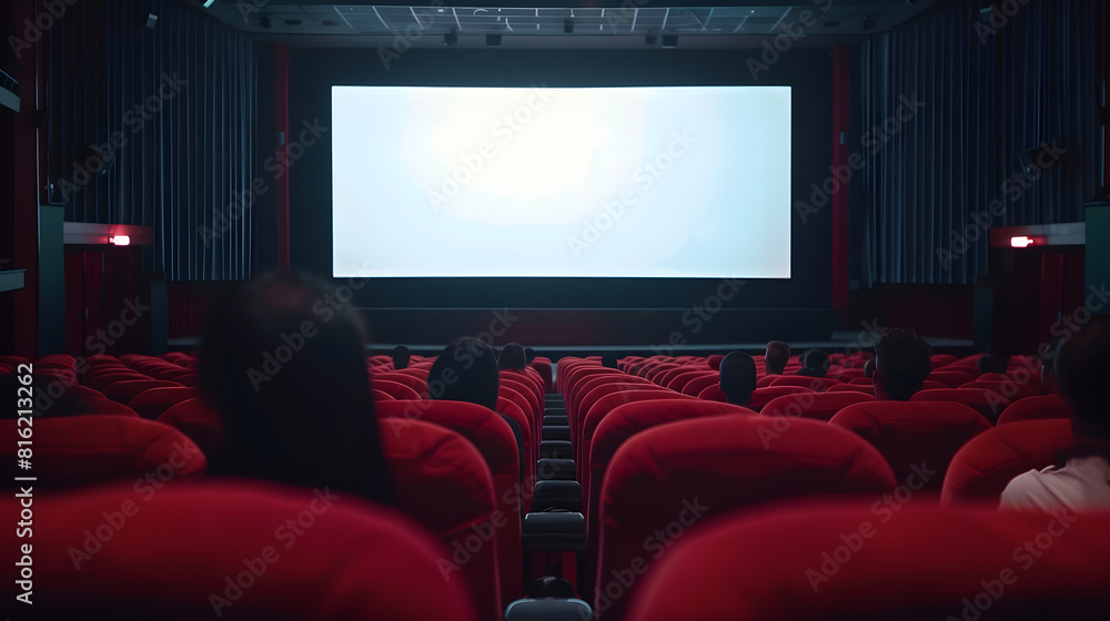 Cinema blank wide screen and people in red chairs in the cinema hall Blurred People silhouettes watching movie performance : Generative AI Cinema blank wide screen and people in red chairs in the cinema hall Blurred People silhouettes watching movie performance : Generative AI