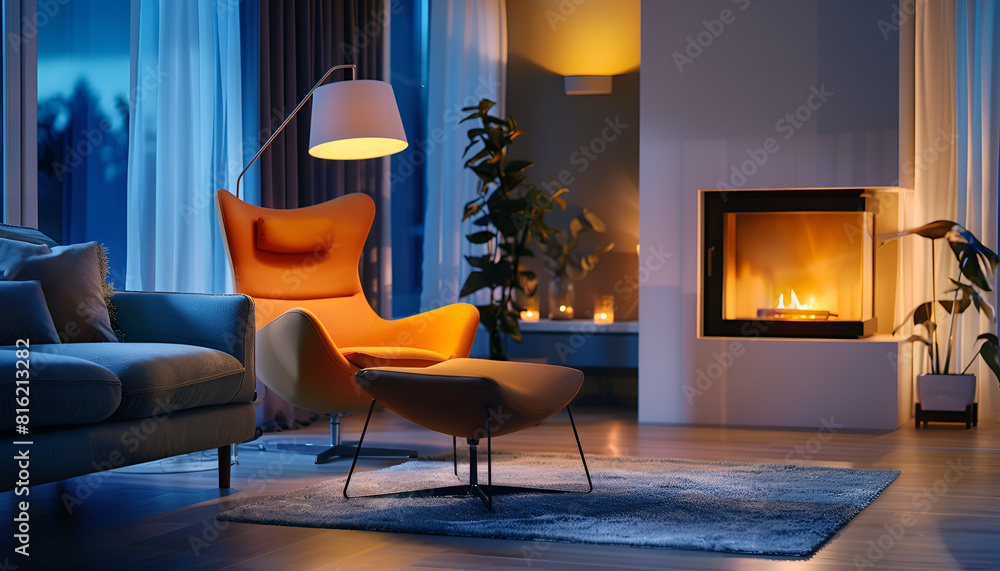 Fototapeta premium Stylish living room with beautiful fireplace, armchair and different decor at night. Interior design