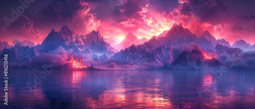 Futuristic night landscape with abstract mountains, a burning volcano with fire, neon lights, a reflection of light in the water. 3D.