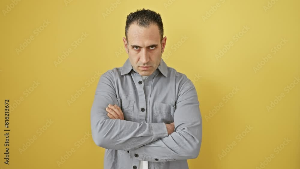 Nervous young hispanic guy with doubtful expression, crossed arms, wearing shirt, standing skeptic on yellow isolated background, displeased and negative - raw emotion portrait Nervous young hispanic guy with doubtful expression, crossed arms, wearing shirt, standing skeptic on yellow isolated background, displeased and negative - raw emotion portrait