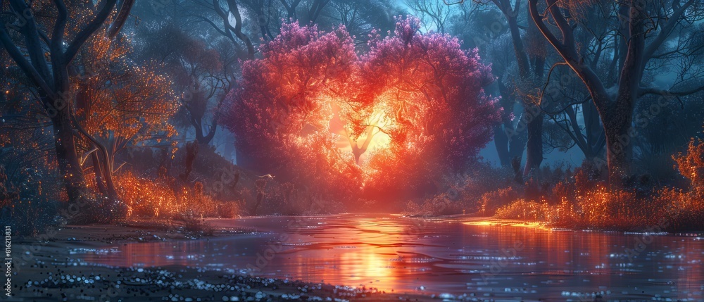 Forest landscape with neon sunset, love island, clouds, and heart-shaped cave in 3D.