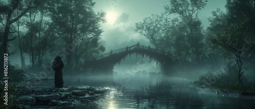Fantasy forest with a river and stones on the shore. With moonlight  night forest landscape. With smoke  smog and fog. With a bridge over the river. Fantasy landscape. 3D illustration.