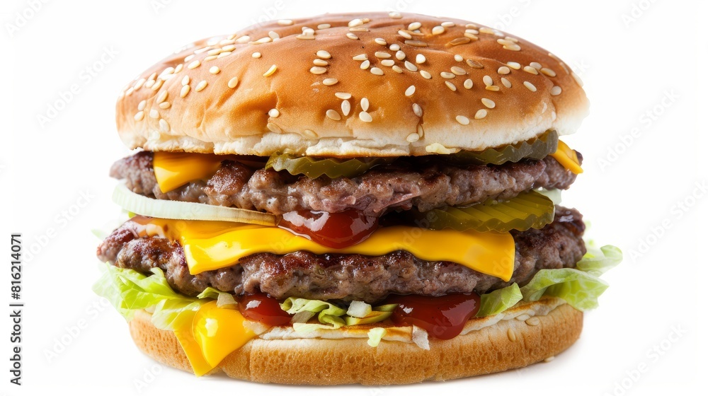 Double cheeseburger. Double beef cutlet, cheddar cheese, pickles, onions, ketchup and maoines. Isolated on white background. 