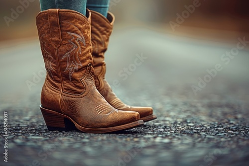 Woman Wearing Cowboy Boots Standing on Road photo