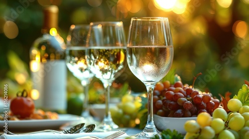   Close-up of two wine glasses with grapes on a plate and a wine bottle