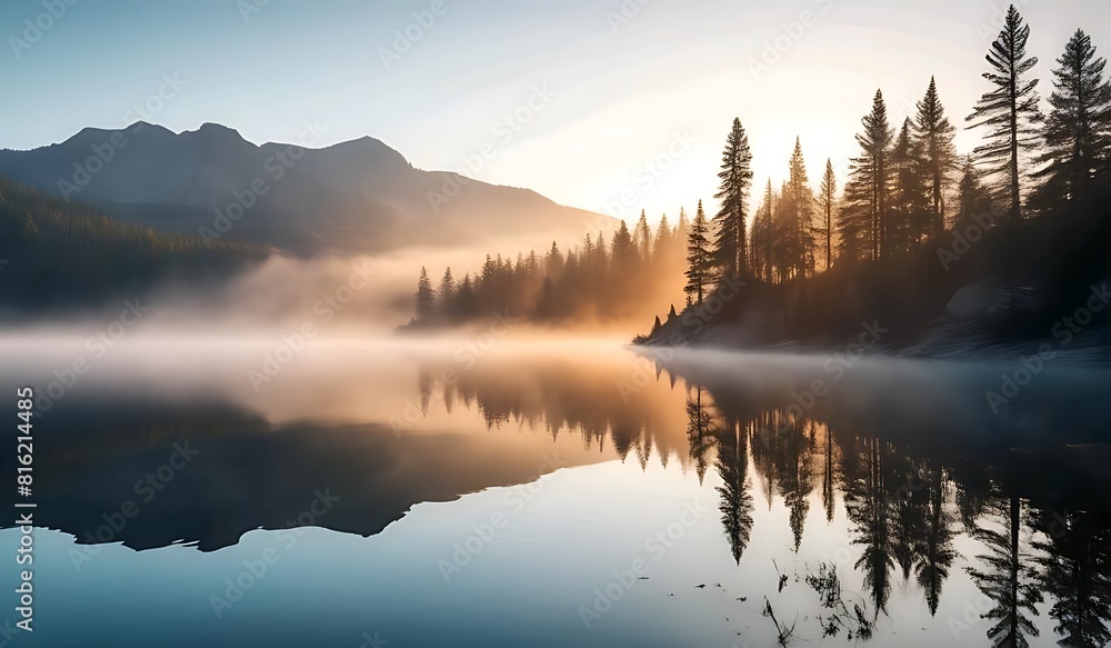 Fototapeta premium nature background of a pristine mountain lake at sunrise, with mist rising from the water and tall pine trees reflected in the calm surface