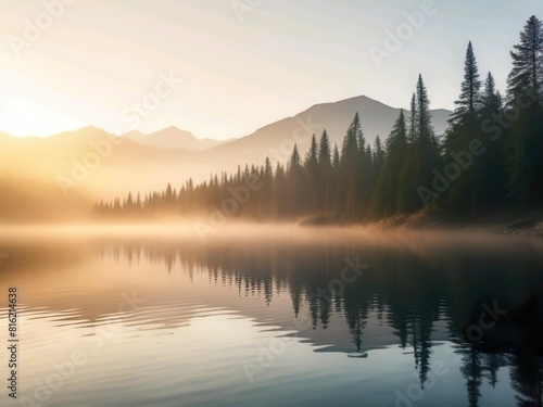 nature background of a pristine mountain lake at sunrise, with mist rising from the water and tall pine trees reflected in the calm surface