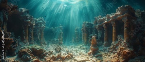 Detailed underwater ancient city in the depths of the ocean. Ancient sunken architecture. Underwater gorges and tunnels. Lots of marine life. Deep underwater world with artificial intelligence. photo