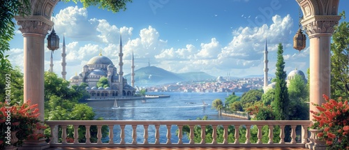 The balcony overlooks the Bosphorus and mosques, and has traditional Turkish decor, lanterns, oriental ornaments. photo