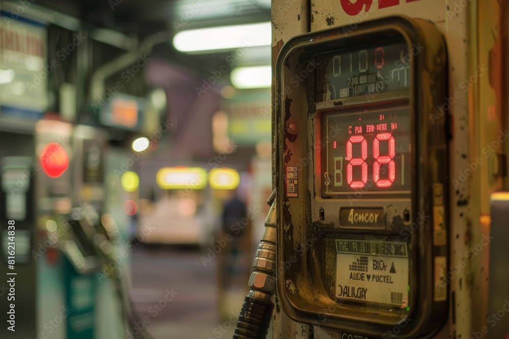 Obraz premium High Fuel Prices at Gas Station Pump with Concerned Consumer in Background