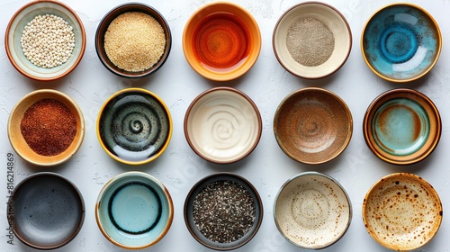   White table, colorful bowls of different foods