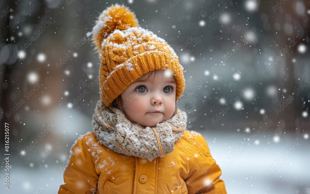 A young girl wearing a yellow coat stands in the snowy landscape, surrounded by white flakes A young girl wearing a yellow coat stands in the snowy landscape, surrounded by white flakes