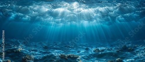 Depth of the ocean. Underwater landscape, ocean bottom, and sea waves. Artificial intelligence.