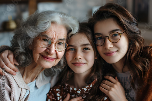 Portrait of grandmother, mother and daughter, family of three generations. Mother's or international women's day concept.