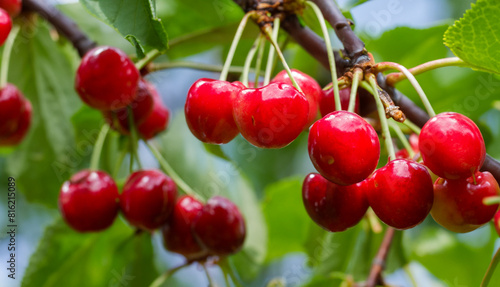 Branch of ripe red cherries on a tree in a garden. Ripe red cherries on a tree in a garden.