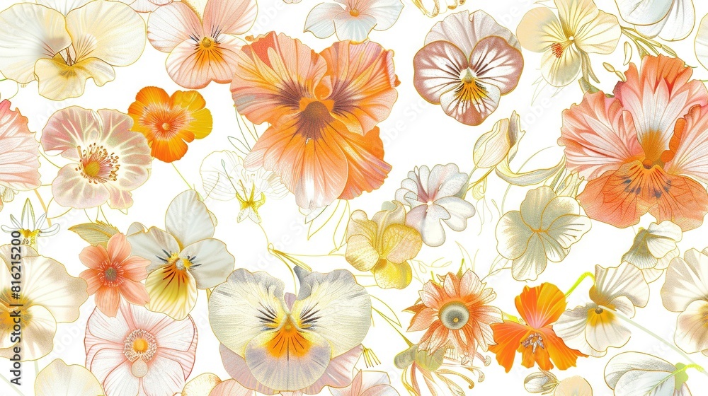A close-up of various colored flowers on a white background - orange, pink, yellow, and white A close-up of various colored flowers on a white background - orange, pink, yellow, and white