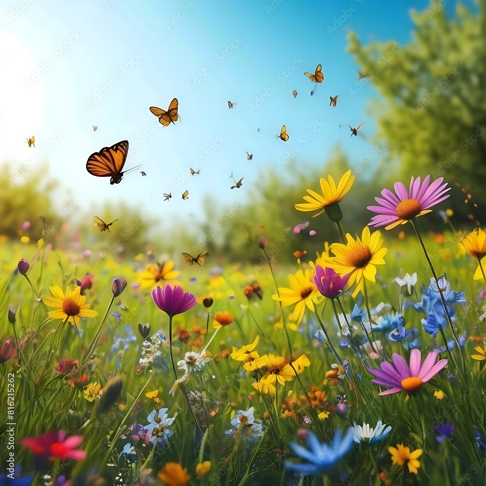 Obraz premium Nature background a vibrant spring meadow filled with blooming wildflowers, buzzing bees, and butterflies fluttering above the colorful blooms
