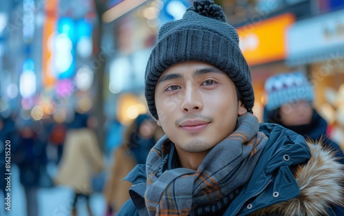 A young man wearing a beanie and scarf navigating a crowded urban street photo