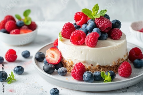Elegant summer berry cheesecake delight with raspberries. Blueberries. And strawberries. A colorful and refreshing gourmet dessert on a stylishly presented plate