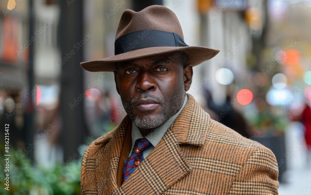 A man wearing a brown coat and hat is walking down a street in an urban setting A man wearing a brown coat and hat is walking down a street in an urban setting
